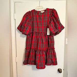 NWOT - Christmas Plaid puff sleeve A-line Mini Dress